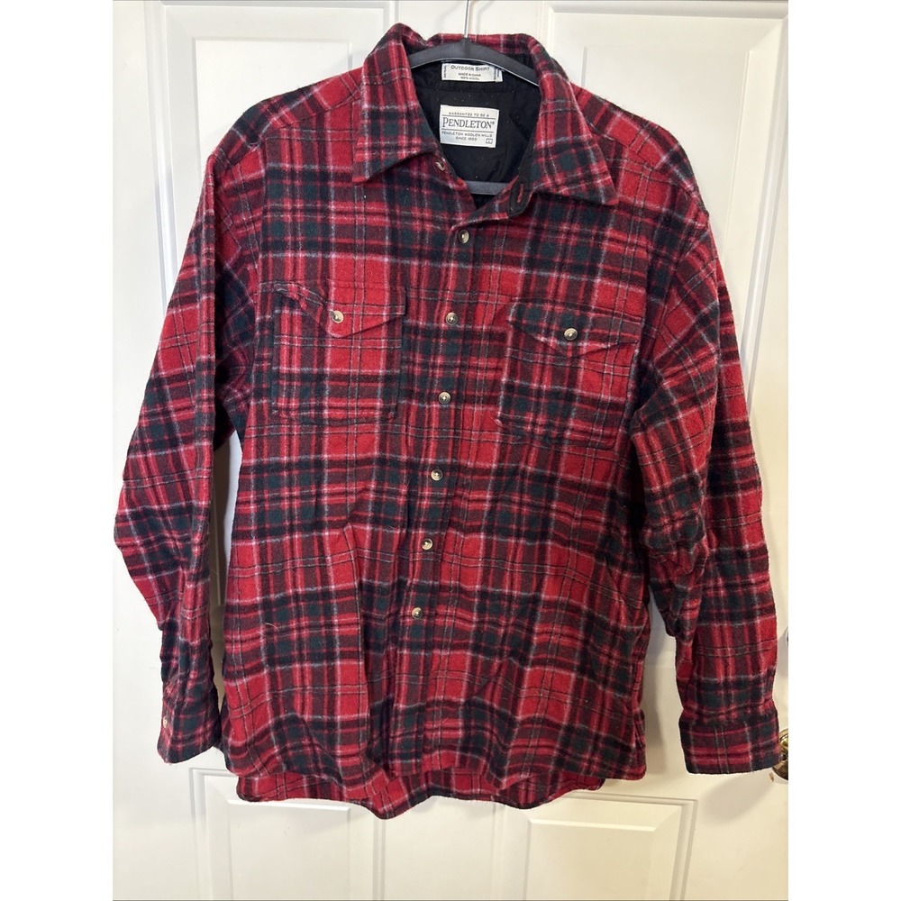 VTG Pendleton Outdoorsman Virgin Wool Red Green Plaid Button Up Shirt Sz L‎